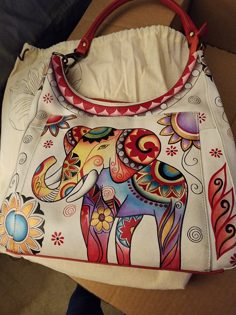 Anuschka Floral and Elephant Print White Leather Hobo Bag With Dust Cover